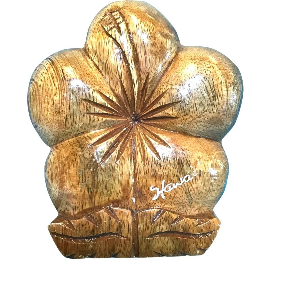 Vintage Hawaii Monkeypod Wood Hibiscus Napkin Letter Holder